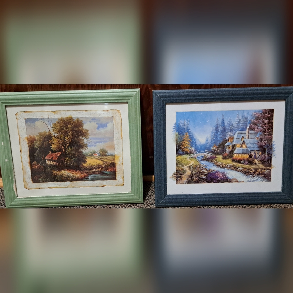 Set of Two Framed Brightly Colored Rustic Landscape Pictures